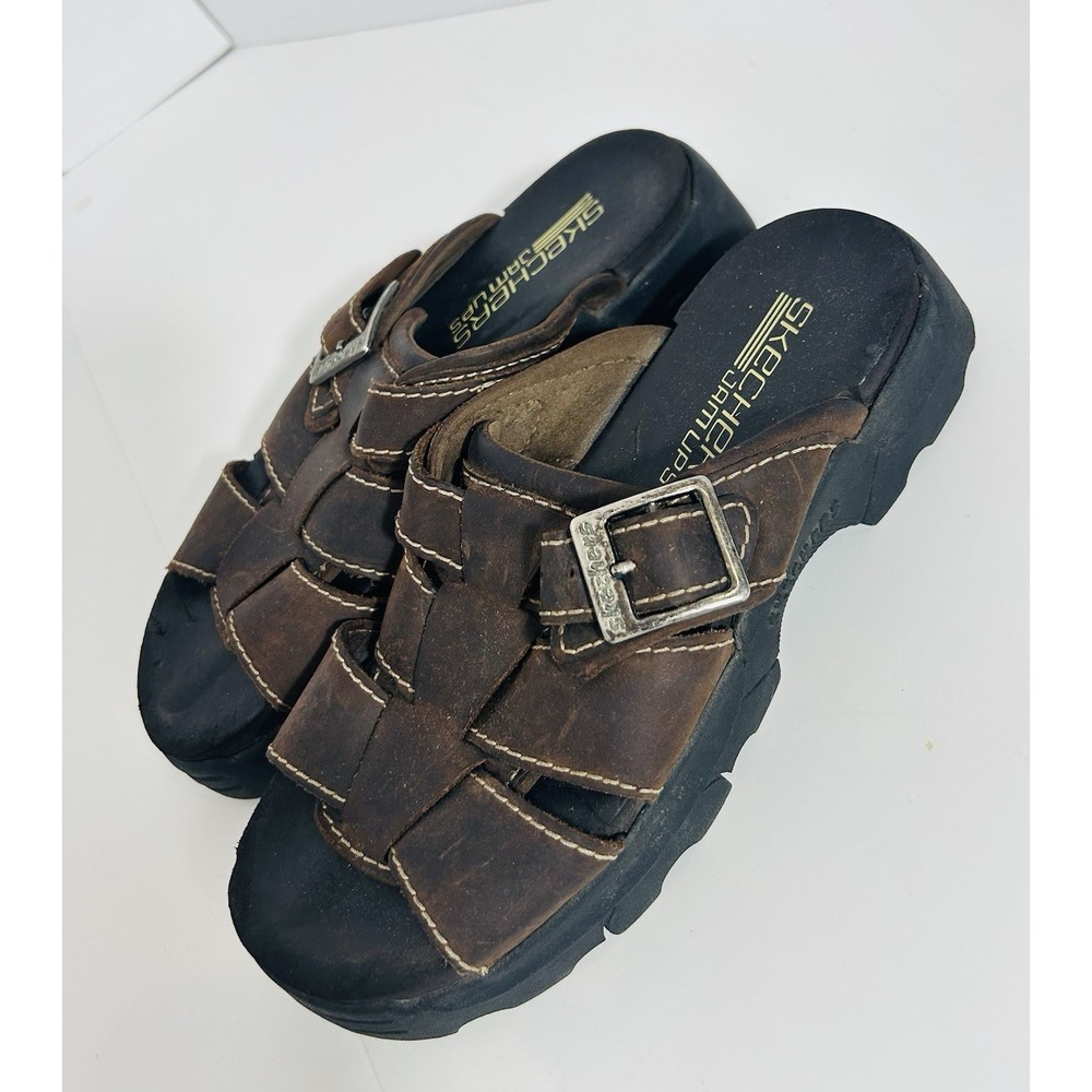 Skechers Jam Ups Platform Sandals Women 7 Brown Y2K Leather Lug Chunky Fisherman